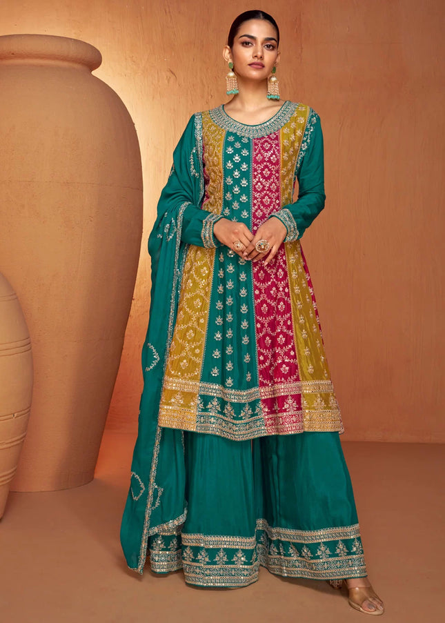 Teal Multicolor Embroidered Sharara Suit