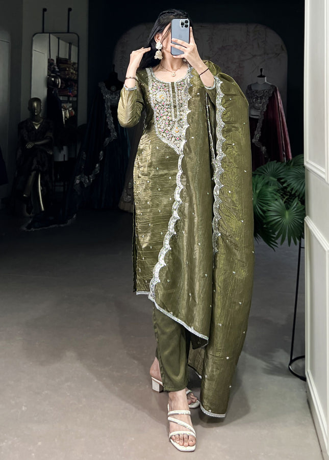 Green Embroidered Pant Style Suit
