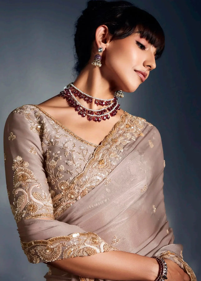 Beige Embroidered Wedding Saree