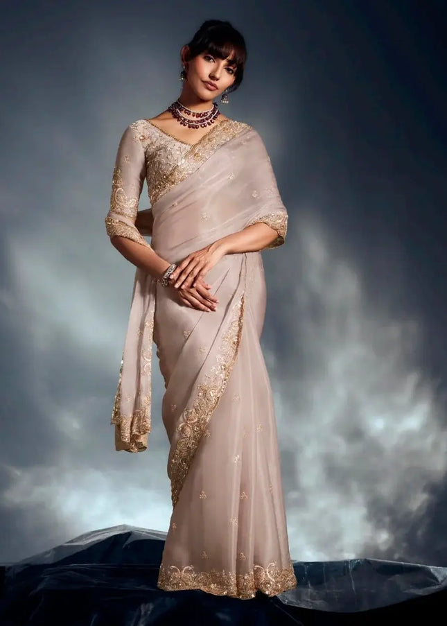 Beige Embroidered Wedding Saree