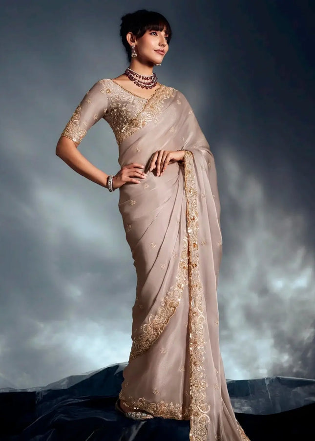 Beige Embroidered Wedding Saree