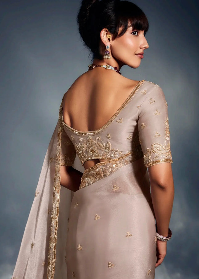 Beige Embroidered Wedding Saree