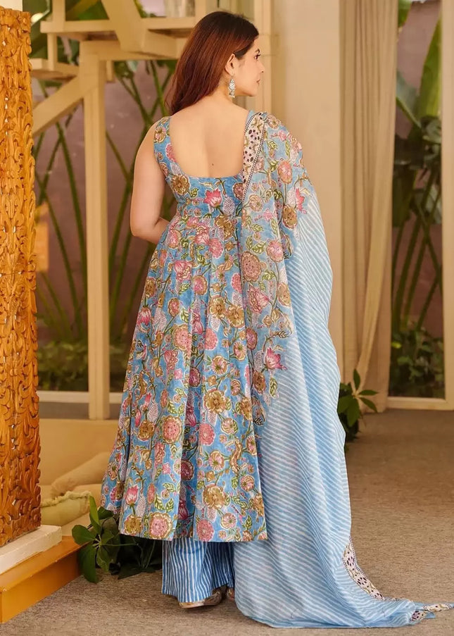 Sky Blue Printed Pant Style Suit