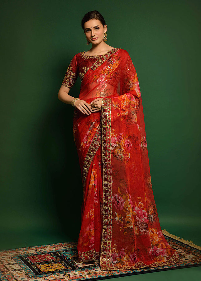 Orange and Gold Embroidered + Printed Saree