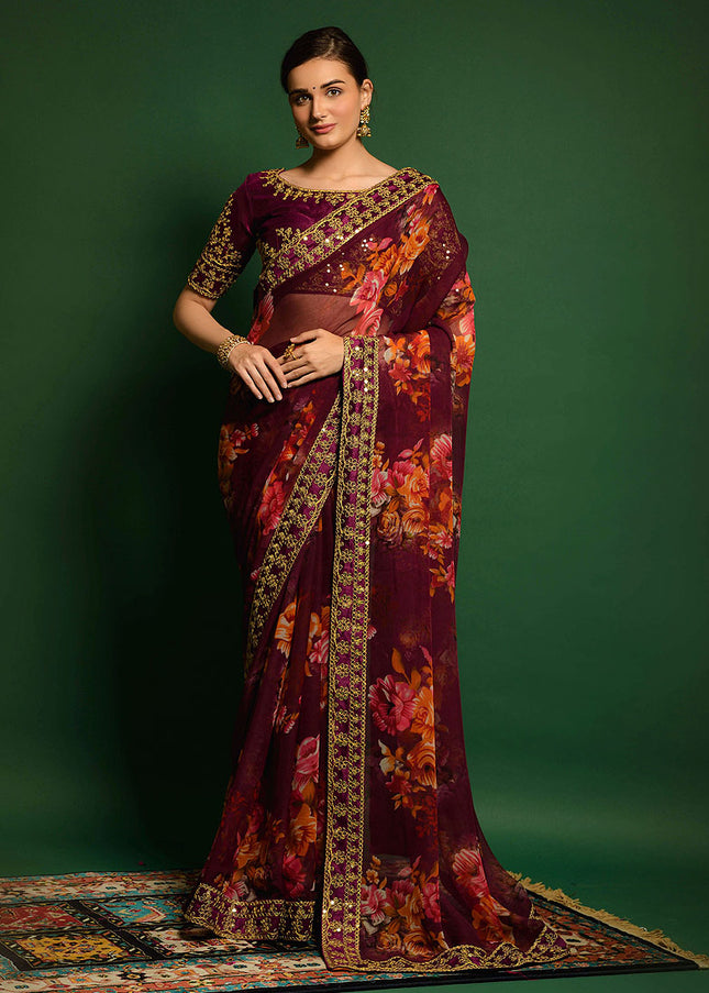 Purple and Gold Embroidered + Printed Saree