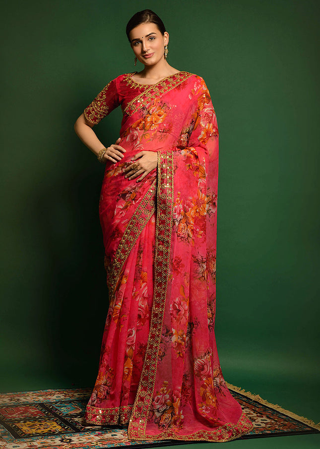 Pink and Gold Embroidered + Printed Saree