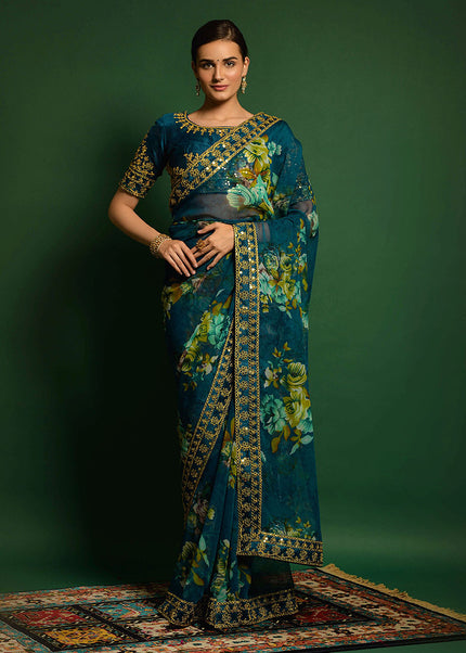 Peacock Blue and Gold Embroidered + Printed Saree