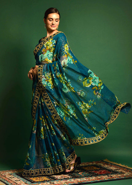 Peacock Blue and Gold Embroidered + Printed Saree