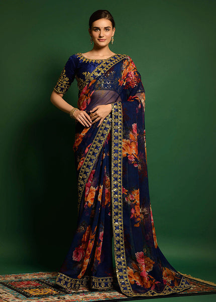 Royal Blue and Gold Embroidered + Printed Saree