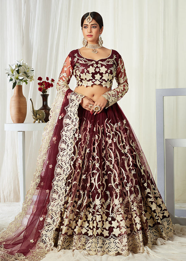 Maroon and Gold Embroidered Lehenga