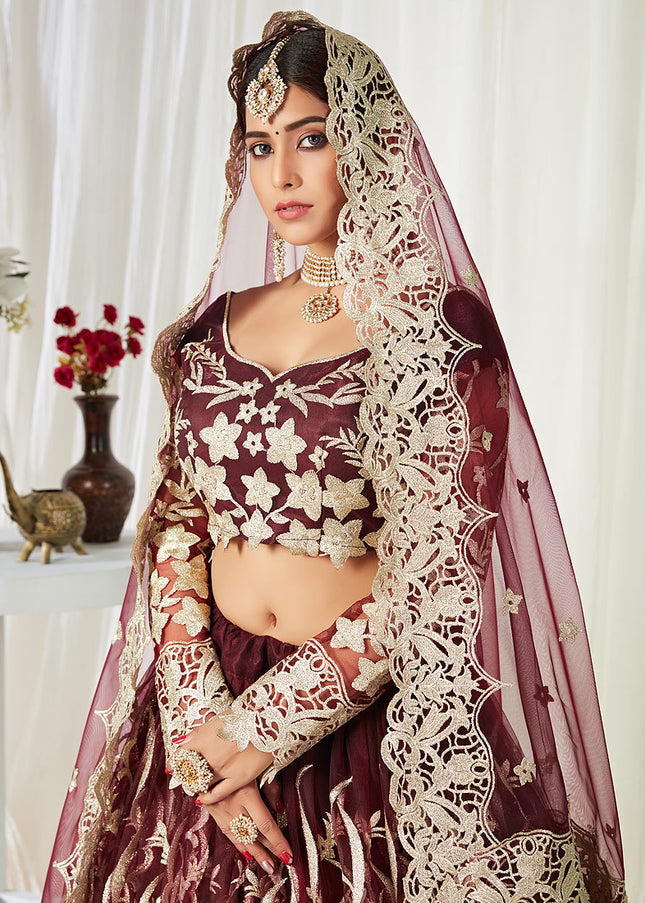 Maroon and Gold Embroidered Lehenga