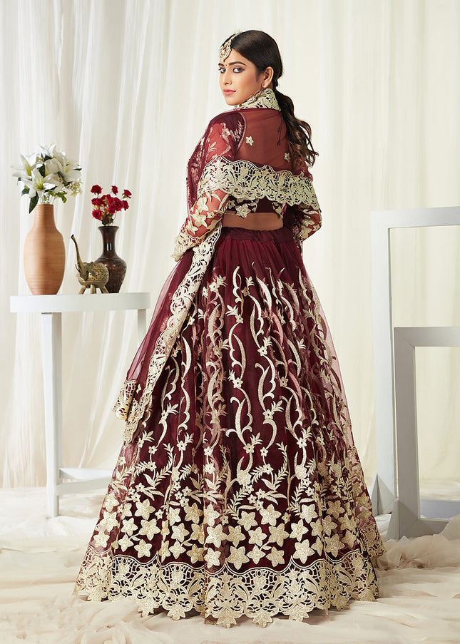 Maroon and Gold Embroidered Lehenga