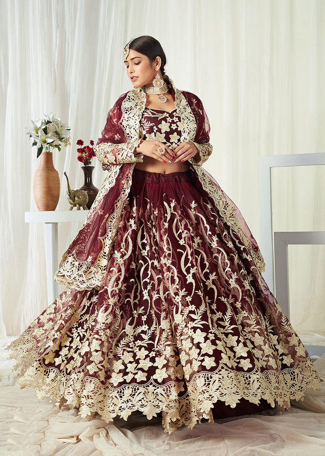 Maroon and Gold Embroidered Lehenga