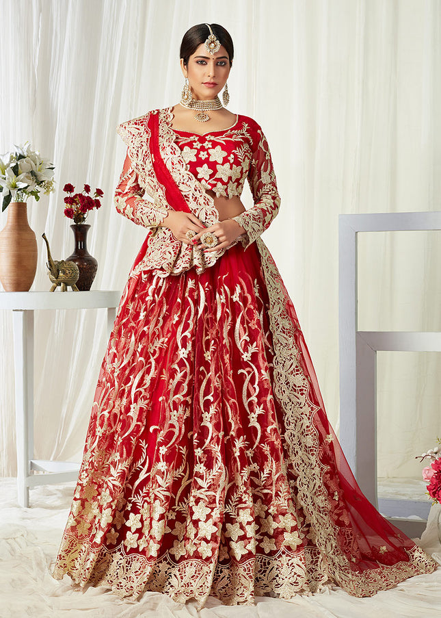 Red and Gold Embroidered Lehenga