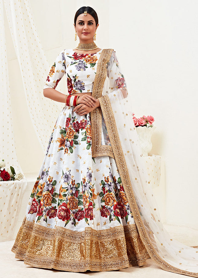 Wihte and Gold Embroidered Lehenga