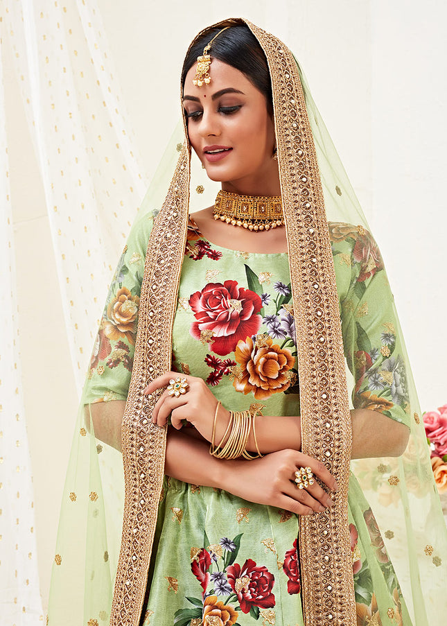 Pista Green and Gold Embroidered Lehenga
