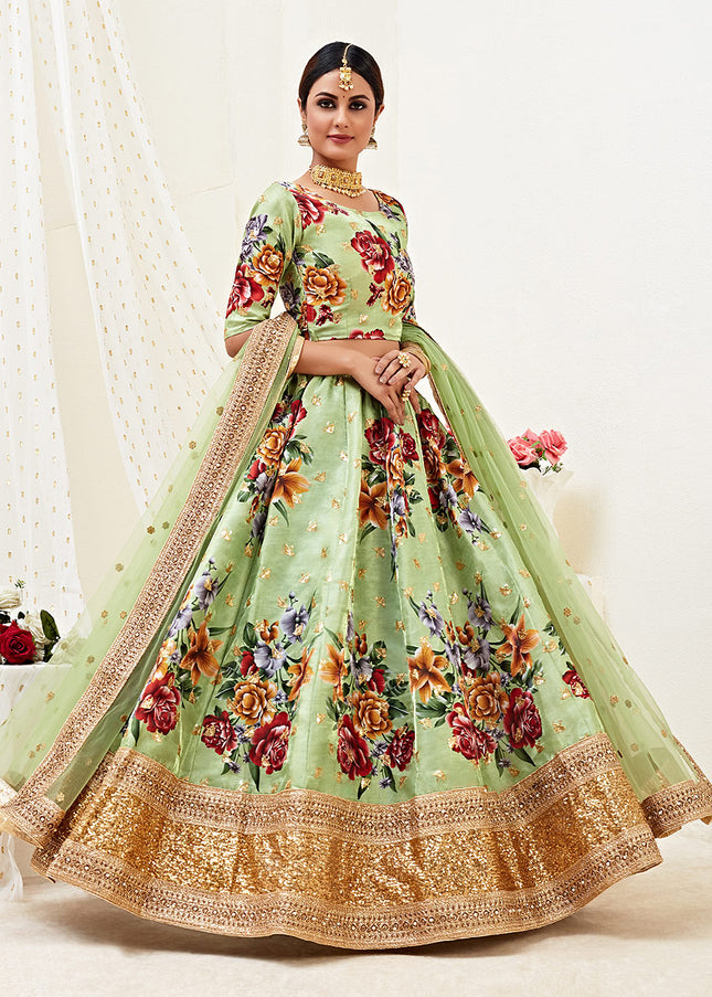 Pista Green and Gold Embroidered Lehenga