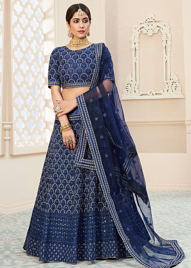 Navy Blue Embroidered Net Lehenga