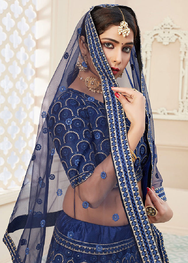 Navy Blue Embroidered Net Lehenga