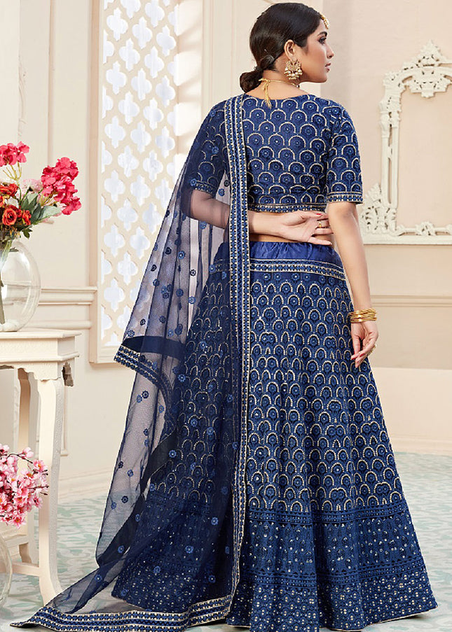 Navy Blue Embroidered Net Lehenga