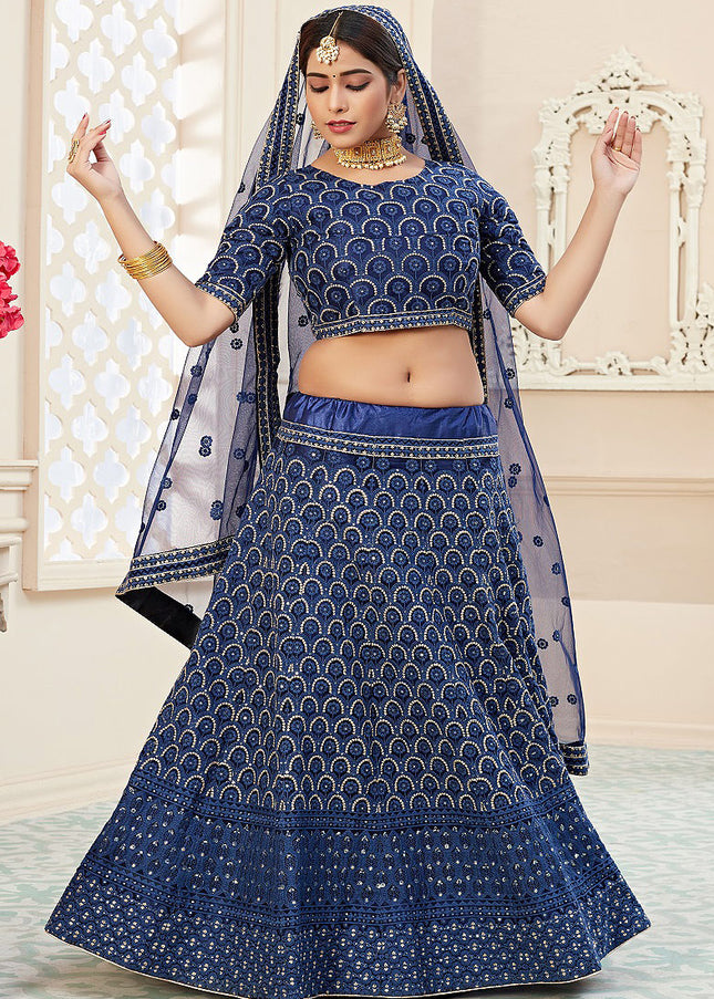 Navy Blue Embroidered Net Lehenga