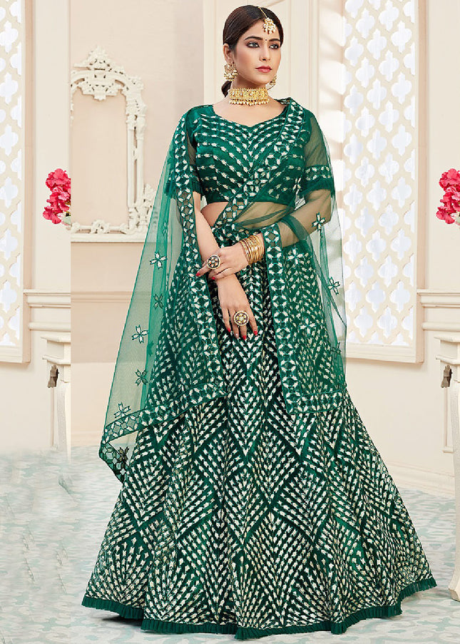 Green Embroidered Net Lehenga