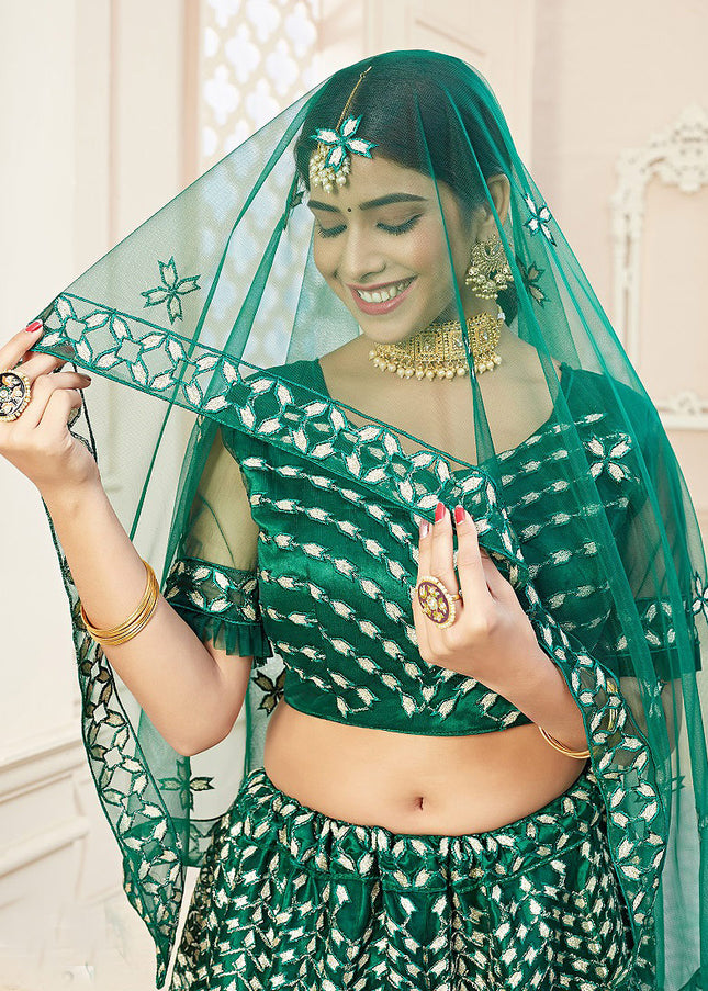 Green Embroidered Net Lehenga