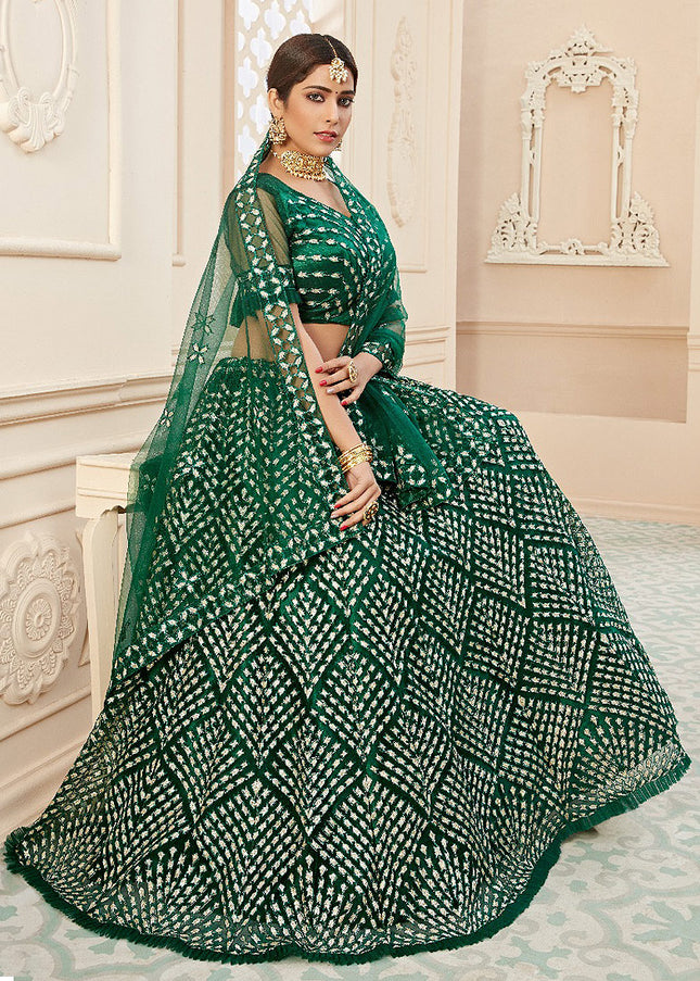 Green Embroidered Net Lehenga