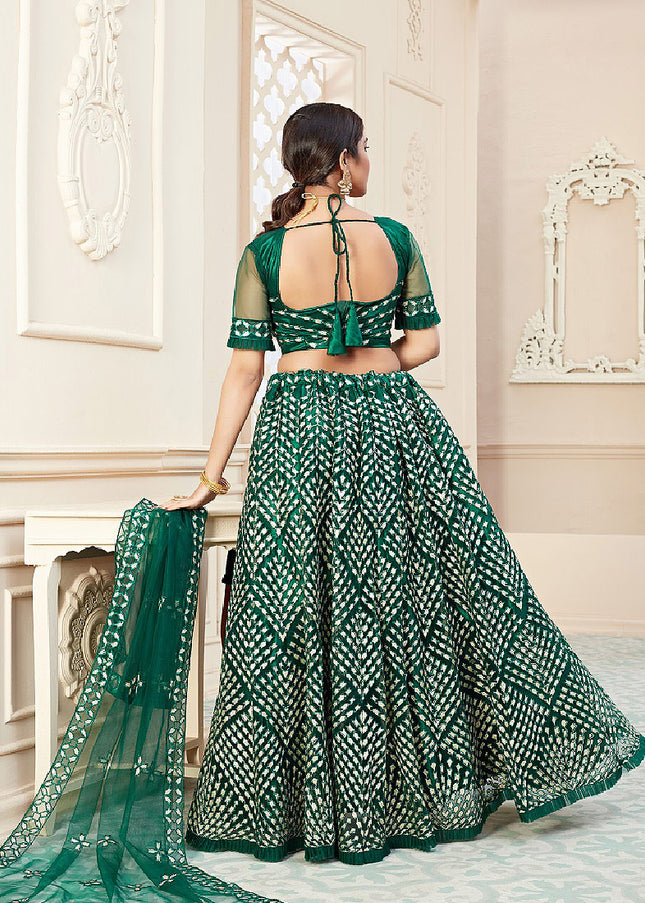 Green Embroidered Net Lehenga