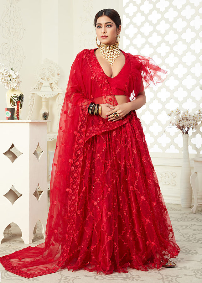 Red Embroidered Net Lehenga