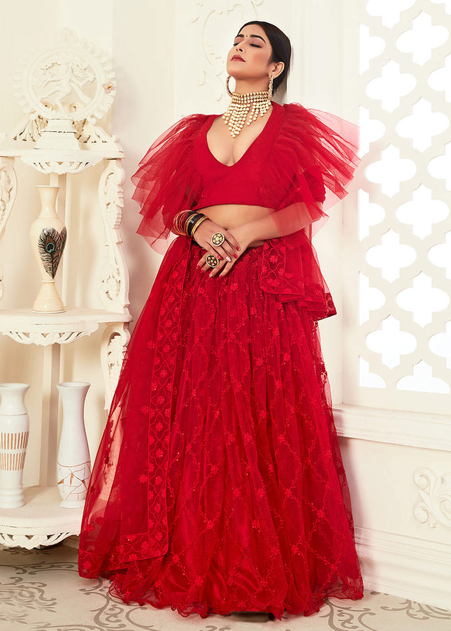 Red Embroidered Net Lehenga