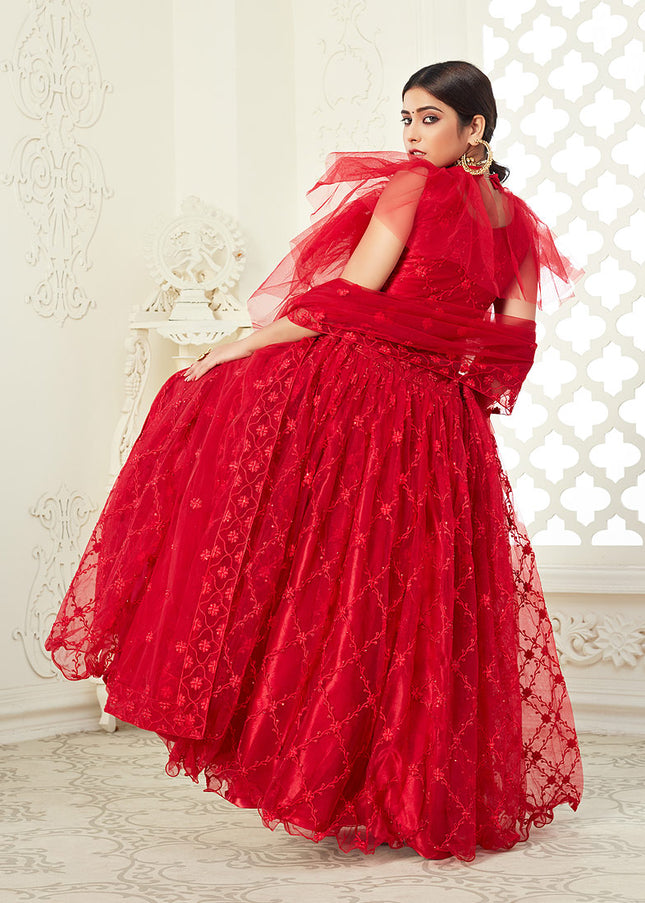 Red Embroidered Net Lehenga