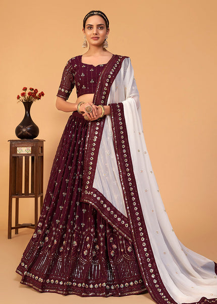 Maroon and Gold Embroidered Lehenga