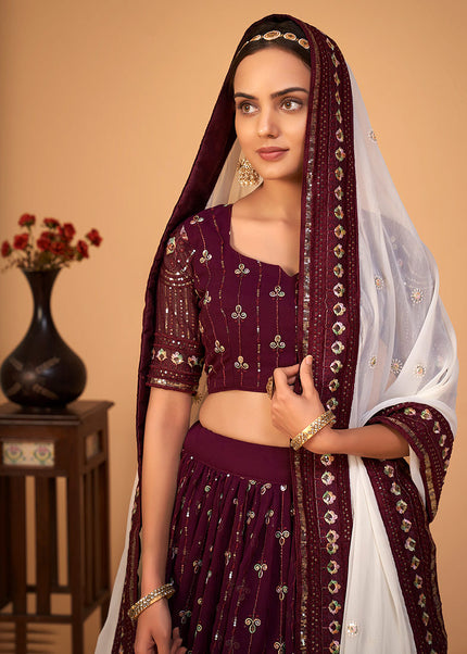 Maroon and Gold Embroidered Lehenga