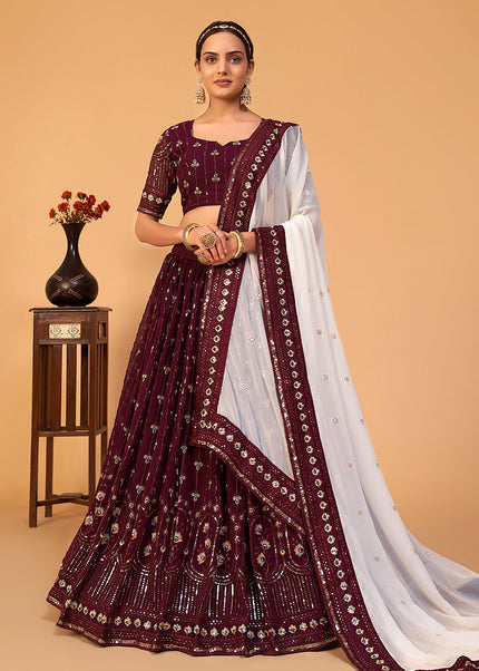 Maroon and Gold Embroidered Lehenga