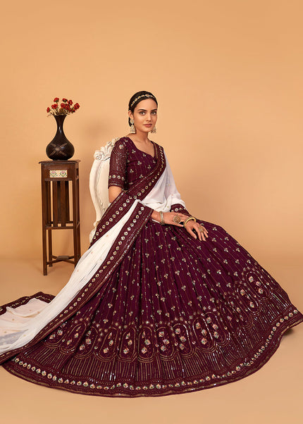 Maroon and Gold Embroidered Lehenga