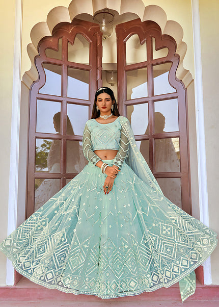 Sky Blue Embroidered Lehenga Choli