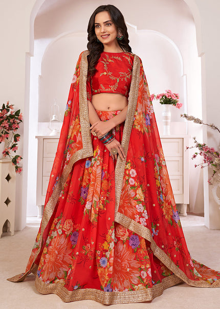 Red and Gold Embroidered + Printed Lehenga