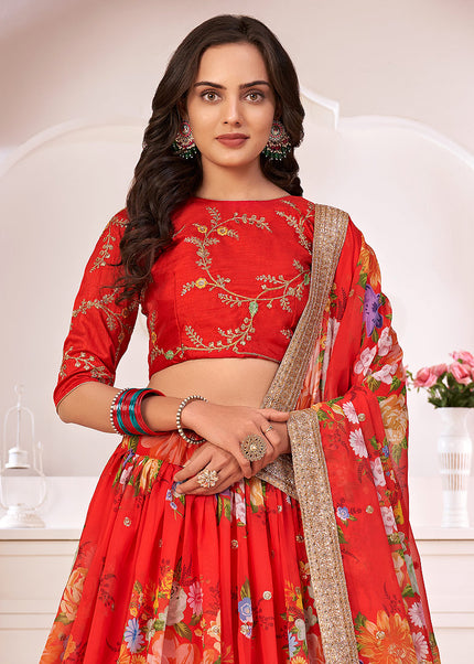 Red and Gold Embroidered + Printed Lehenga