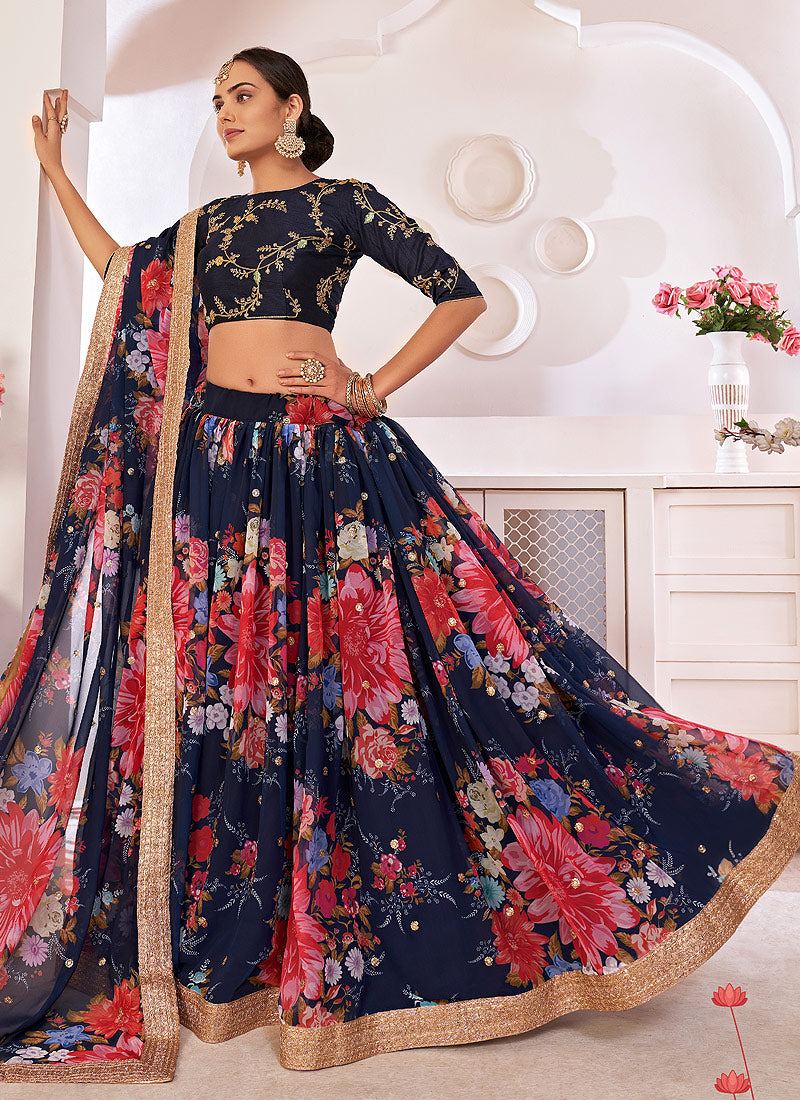 Buy Designer Lehengas - Navy Blue Sequence Embroidered Designer Lehenga  Choli