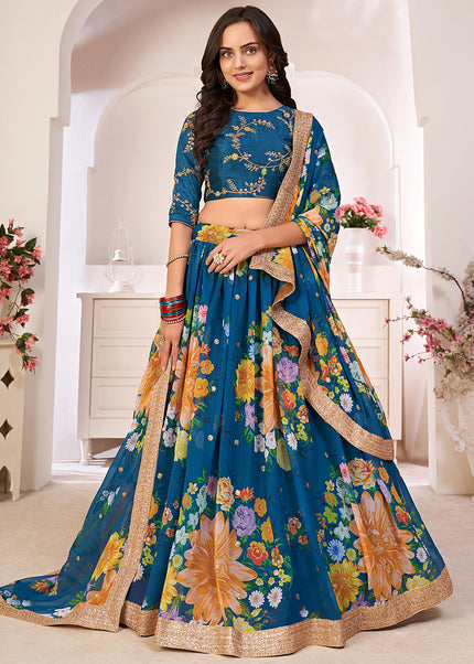 Aqua Blue and Gold Embroidered + Printed Lehenga