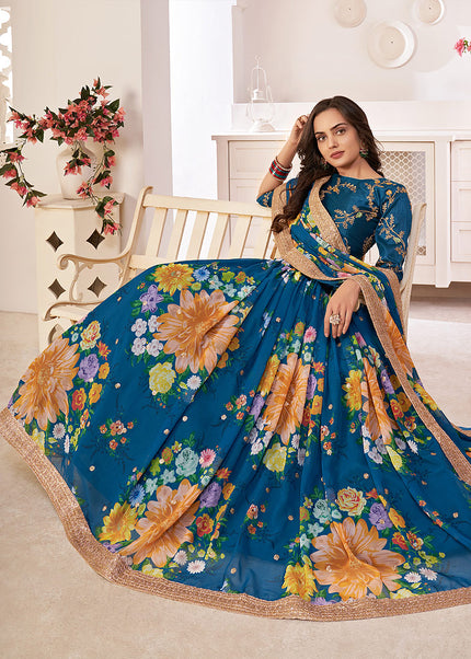 Aqua Blue and Gold Embroidered + Printed Lehenga