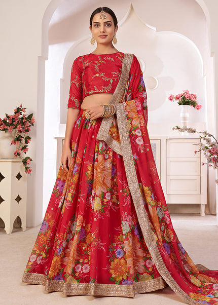 Red and Gold Embroidered + Printed Lehenga