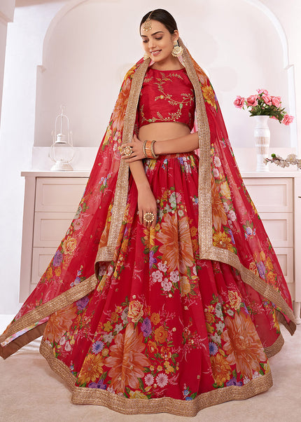 Red and Gold Embroidered + Printed Lehenga