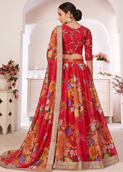 Red and Gold Embroidered + Printed Lehenga