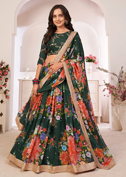 Green and Gold Embroidered + Printed Lehenga