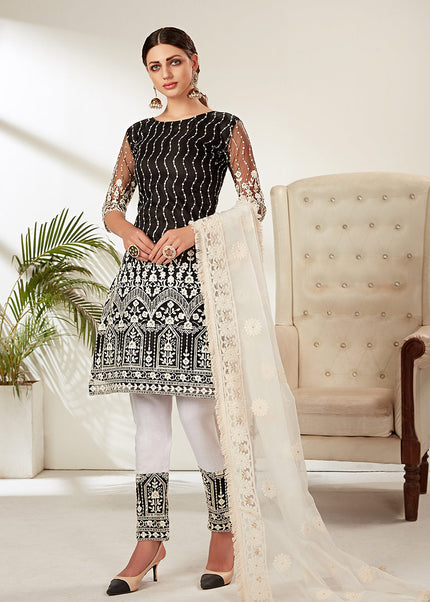 Black and White Embroidered Pant Style Suit