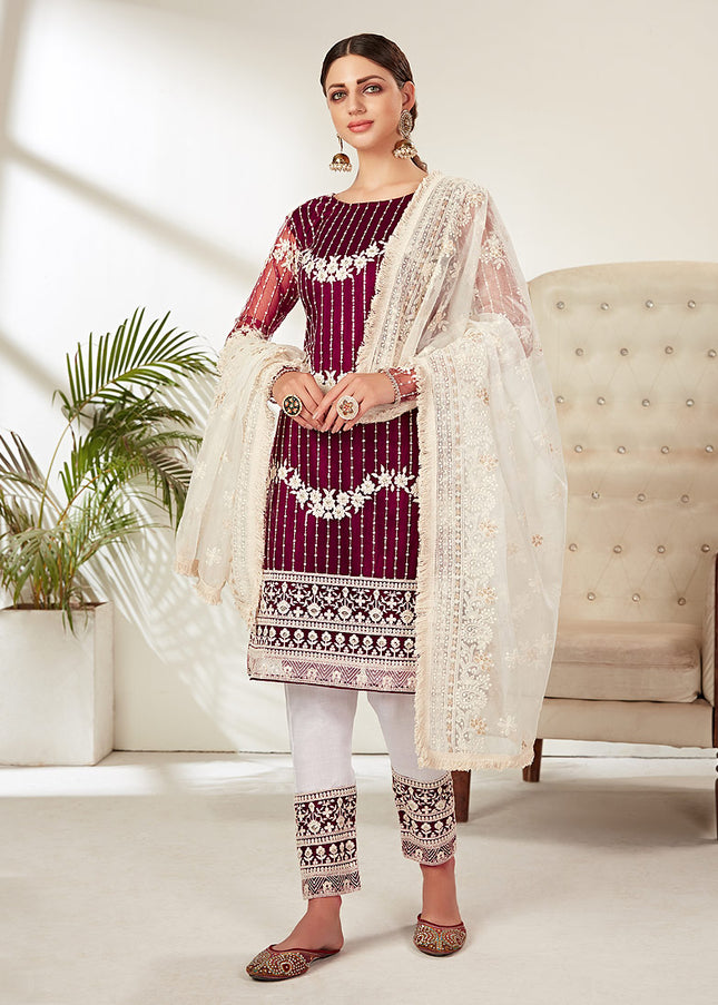 Pink and White Embroidered Pant Style Suit