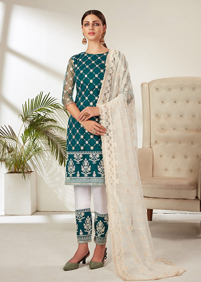 Teal and White Embroidered Pant Style Suit