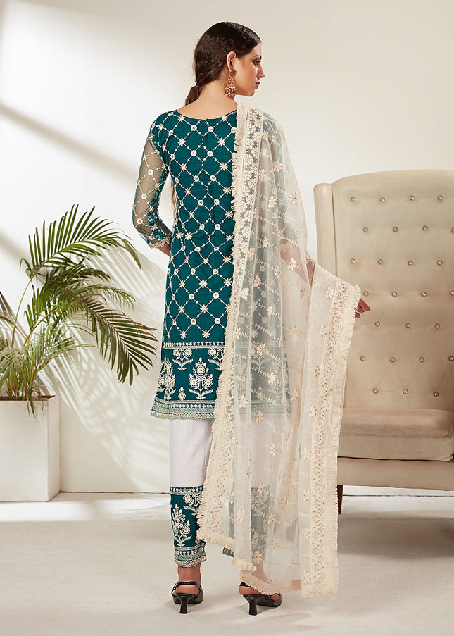 Teal and White Embroidered Pant Style Suit